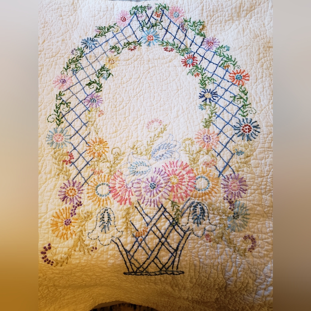 White Coverlet Bedspread with hand stitched Floral basket design